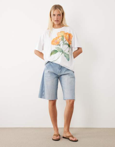 ASOS DESIGN – Vit, slubbvävd t-shirt i oversize och jersey med orange blomtryck - view 1