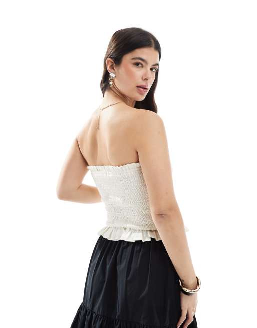 ASOS DESIGN – Vit, smockad bandeau-topp i linneblandning, 4 av 4
