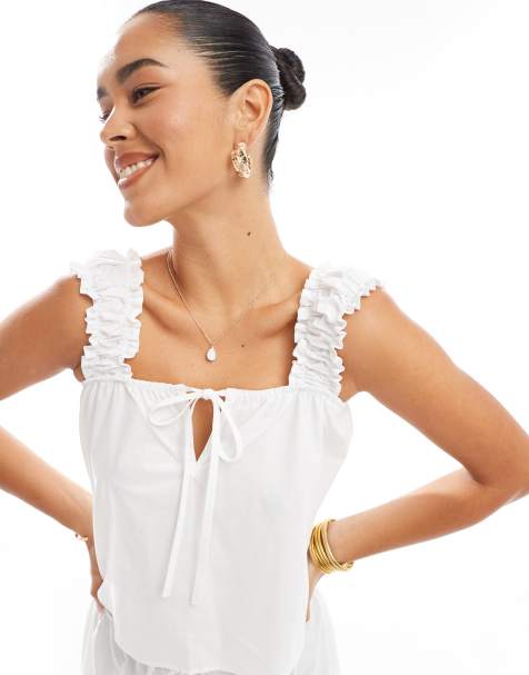 ASOS DESIGN – Vit, smockad topp i bomull med indragna holkärmar, del av set - view 1