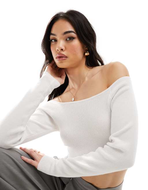 ASOS DESIGN – Vit stickad bardot-topp i off shoulder-design