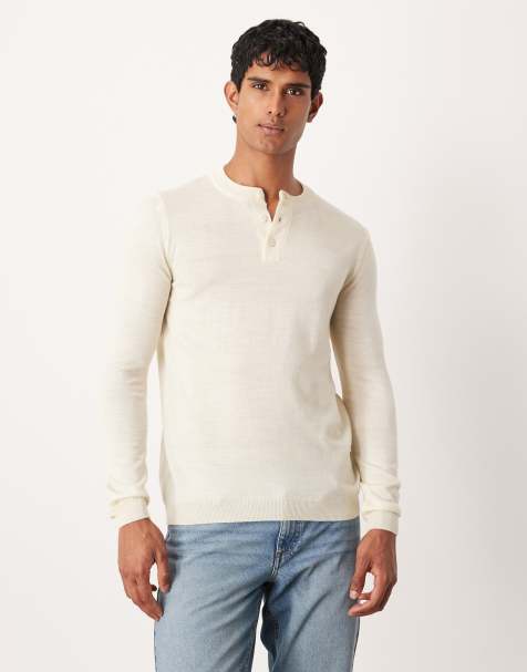 ASOS DESIGN – Vit, stickad t-shirt med långa ärmar och henleykrage - view 1