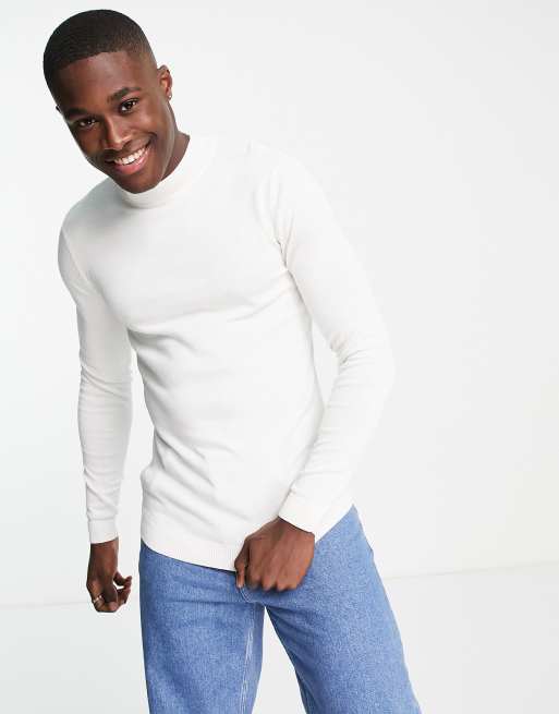 ASOS DESIGN – Vit stickad tröja i muscle fit med halvpolokrage
