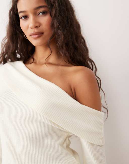 ASOS DESIGN – Vit, supermjuk, borstat ribbad topp med bara axlar och långa ärmar, 3 av 4