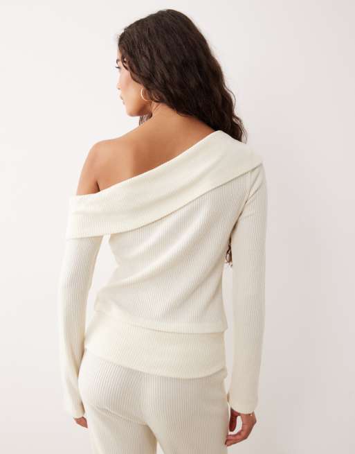 ASOS DESIGN – Vit, supermjuk, borstat ribbad topp med bara axlar och långa ärmar, 4 av 4
