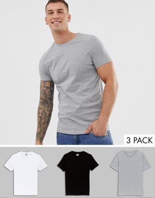 ASOS DESIGN – Vit/svart/gråmelerad t-shirt med rund halsringning i 3-pack spara-Flerfärgad