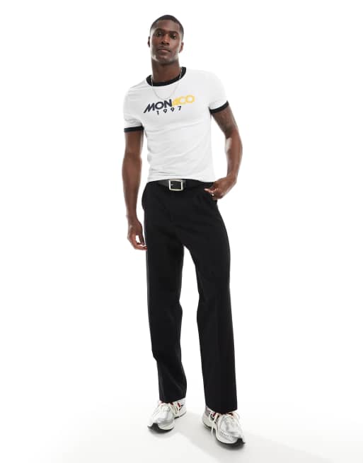 ASOS DESIGN – Vit t-shirt i muscle fit med kantränder och Monaco-tryck, 2 av 4