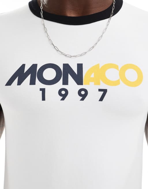 ASOS DESIGN – Vit t-shirt i muscle fit med kantränder och Monaco-tryck, 3 av 4