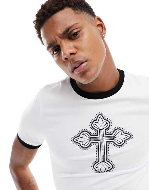 ASOS DESIGN – Vit t-shirt i muscle fit med korstryck framtill, 3 av 4