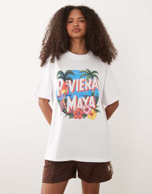 ASOS DESIGN – Vit t-shirt i oversize med korta ärmar och Riviera Maya-tryck, 3 av 4
