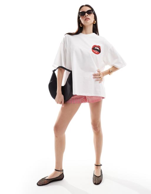 ASOS DESIGN – Vit t-shirt i oversize med "Psych Rock Band" läpp-tryck, 3 av 4