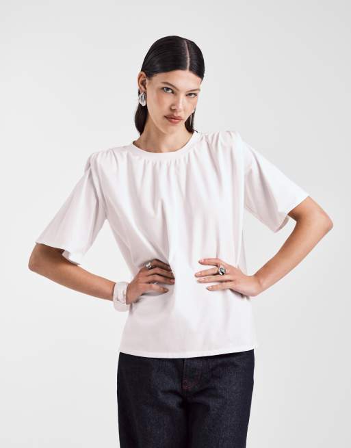 ASOS DESIGN – Vit t-shirt i oversize med rynkade axelvaddar