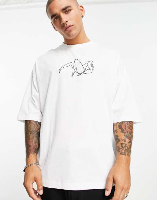 ASOS DESIGN – Vit t-shirt i oversize med tecknat tryck framtill