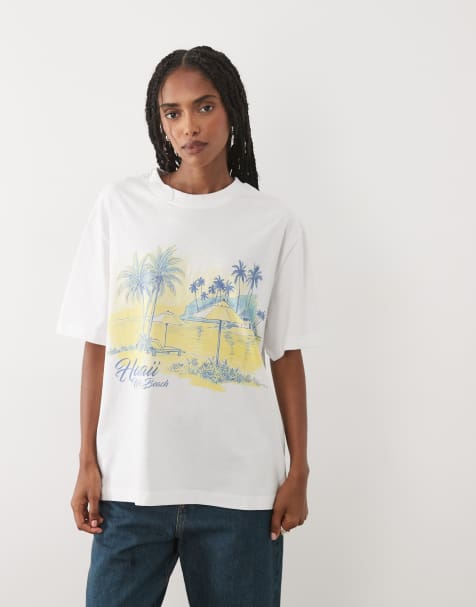 ASOS DESIGN – Vit t-shirt i oversized fit med Hawaii-tryck - view 1