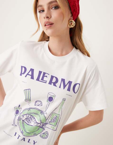 ASOS DESIGN – Vit t-shirt i regular fit med Palermo-tryck - view 1