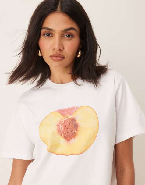 ASOS DESIGN – Vit t-shirt i regular fit med persikotryck - view 1