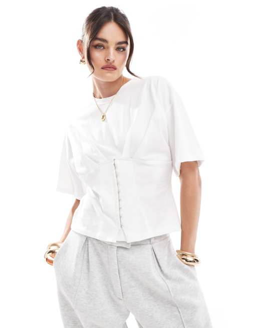 ASOS DESIGN – Vit t-shirt med korsettmidja och öljettdetalj