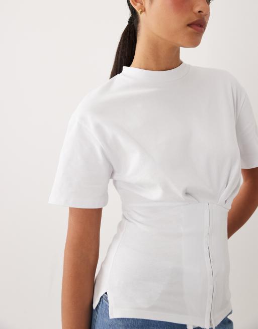ASOS DESIGN – Vit topp med korta ärmar och korsettdetalj i midjan, 3 av 4