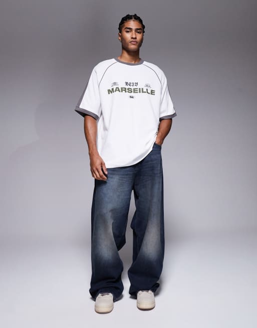 ASOS DESIGN – Vit, våfflad, kraftig t-shirt i oversize med raglan-ärmar, stadstext och passpoaler , 2 av 5