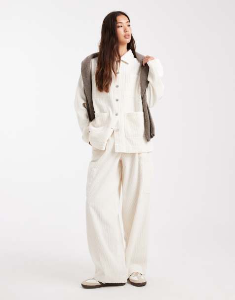 ASOS DESIGN – Vita, funktionella manchesterbyxor med barrelben, del av set - view 1