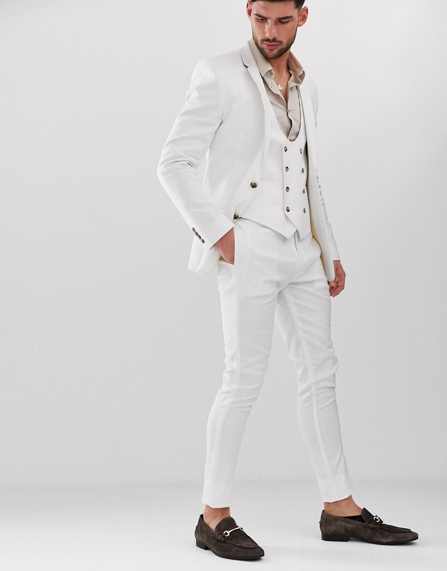 ASOS DESIGN – Vita kostymbyxor i linne med supersmal passform
