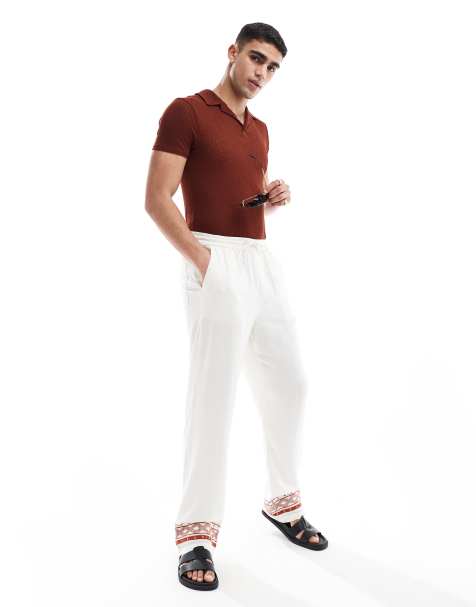 ASOS DESIGN – Vita linnebyxor med avslappnad passform och broderad fåll - view 1