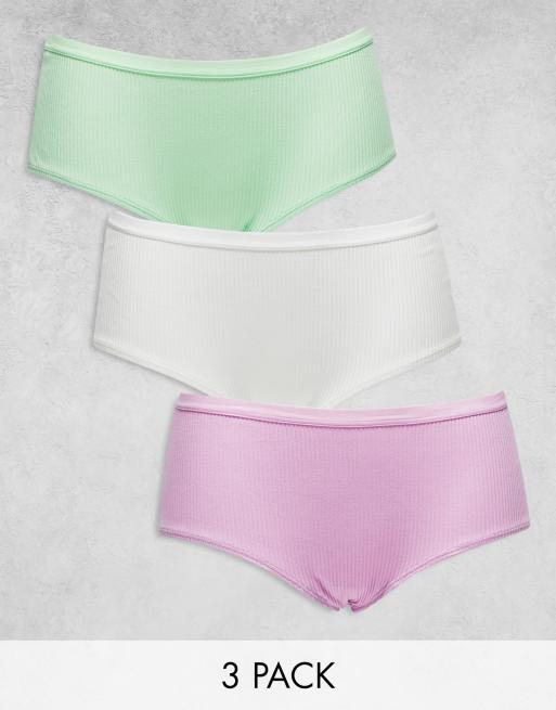 ASOS DESIGN – Vita, ljuslila och pistagegröna, ribbade trosor, 3-pack