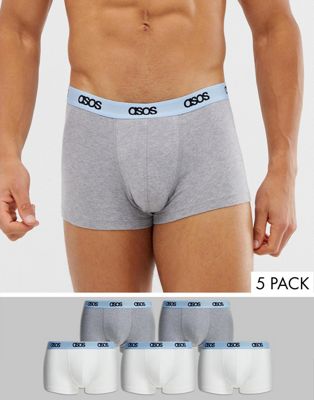 ASOS DESIGN – Vita och gråmelerade korta trunks i 5-pack med blå midjeresår med logga spara-Flerfärgad