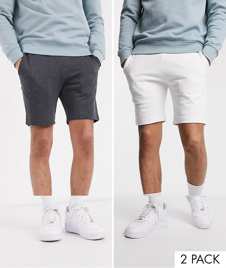 ASOS DESIGN – Vita och mörkgrå jersey-shorts med extra smal passform i 2-pack-Flerfärgad