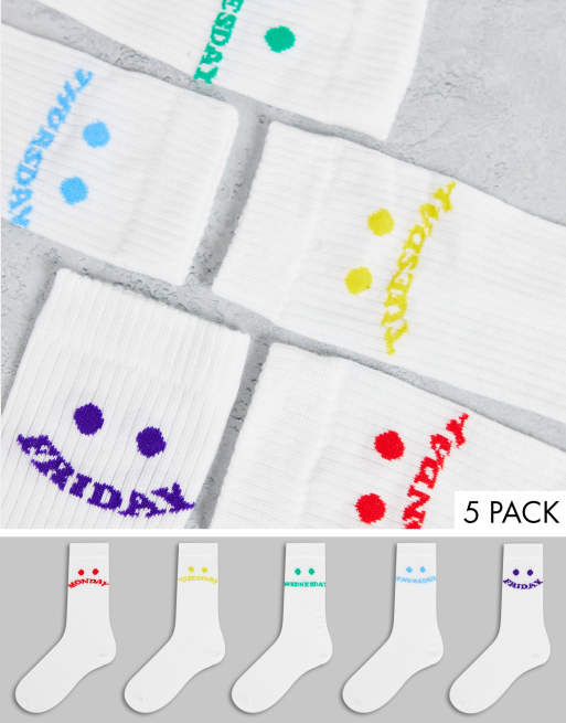 ASOS DESIGN – Vita ribbade strumpor i vadlång modell med veckans dagar och ansiktsmönster, 5-pack