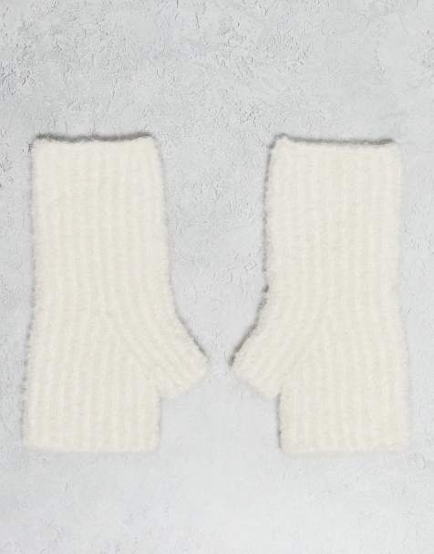 ASOS DESIGN – Vita, ribbstickade fingerlösa handskar i bouclé - view 1