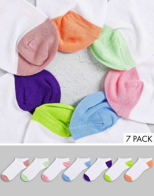 ASOS DESIGN – Vita träningsstrumpor med färgade hälar och tår, 7-pack