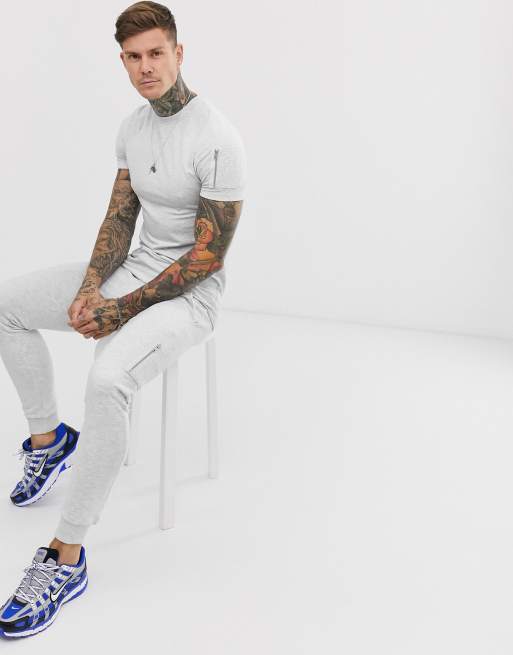 ASOS DESIGN – Vitmelerat set t-shirt och byxor med MA1-ficka, 3 av 3