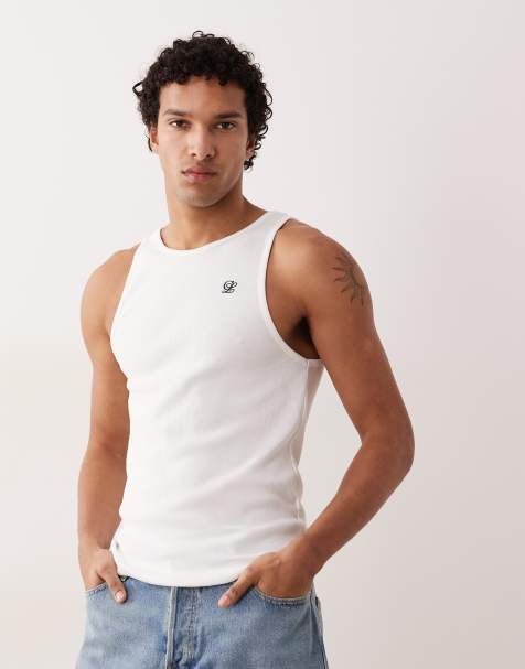 ASOS DESIGN – Vitt, kraftigt linne i muscle fit med broderi - view 1