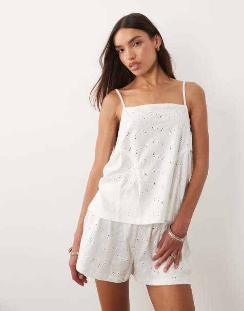 ASOS DESIGN – Vitt linne i broderie anglaise med knytning i sidan och veck, del av set - view 1