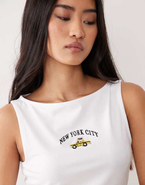 ASOS DESIGN – Vitt linne i elastan med båtringning och New York- och taxibroderi - view 1