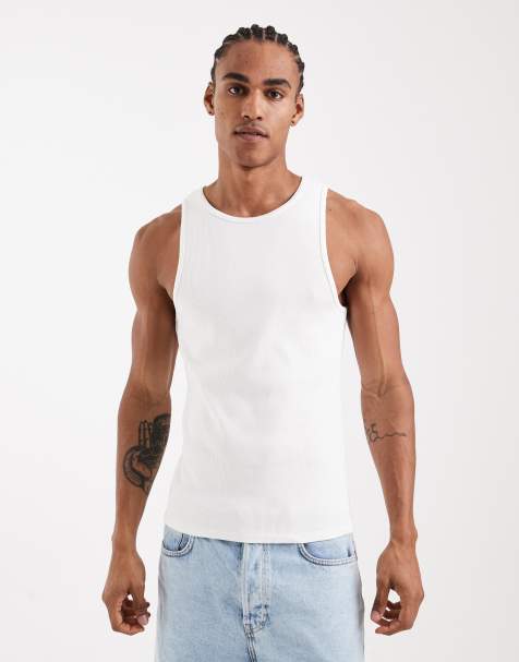 ASOS DESIGN – Vitt, ribbat linne i muscle fit av extra kraftigt tyg med hög halsringning - view 1