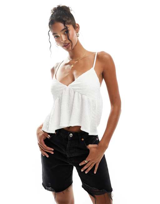 ASOS DESIGN – Vitt, texturerat linne i peplum-modell med smala axelband