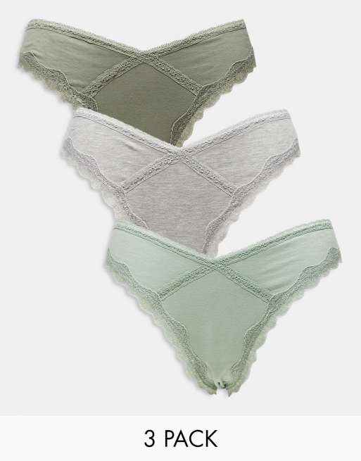 ASOS DESIGN Viv 3 pack high leg brazilian briefs with lace trim in sage, khaki & grey