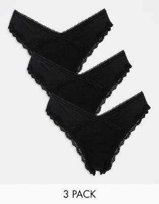 ASOS DESIGN - Viv - 3er-Pack brasilianische Slips in Schwarz mit hohem Beinausschnitt und Spitzenborte