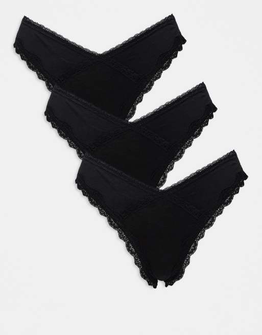 ASOS DESIGN - Viv - Lot de 3 culottes brésiliennes échancrées avec bordures en dentelle - Noir
