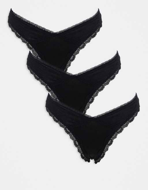ASOS DESIGN – Viv – Svarta stringtrosor med spetskant och hög benskärning, 3-pack