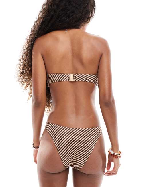 ASOS DESIGN - Vivienne - Gestreept bandeau-bikinitopje met gouden ring-hardware in chocoladebruin, 2 van 4