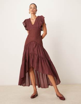 ASOS DESIGN voile and lace mix maxi dress in burgundy-Red