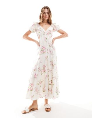 ASOS DESIGN voile godet full midi skirt dress in pink floral print