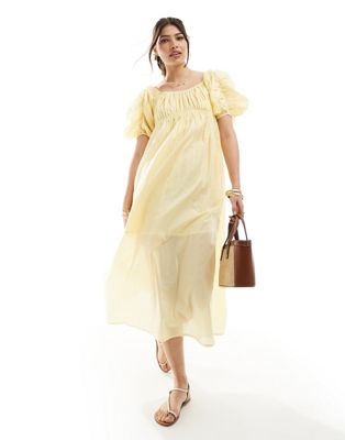 Asos Design Voile Midi Smock Dress With Puff Gathered Sleeves In Lemon-yellow