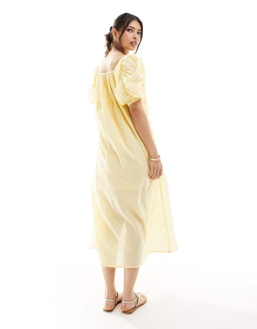 ASOS DESIGN voile midi smock dress with puff gathered sleeves in lemon, 4 of 4