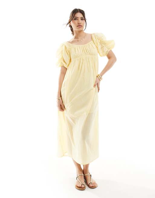 ASOS DESIGN voile midi smock with puff gathered sleeves in lemon, 3 of 4