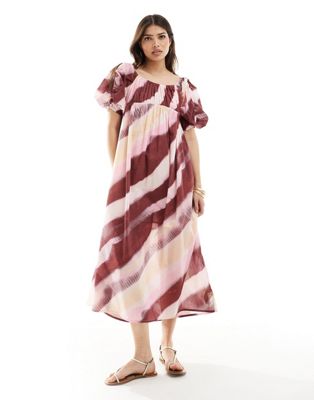 Asos Design Voile Midi Smock With Puff Gathered Sleeves In Tie Dye Print-multi