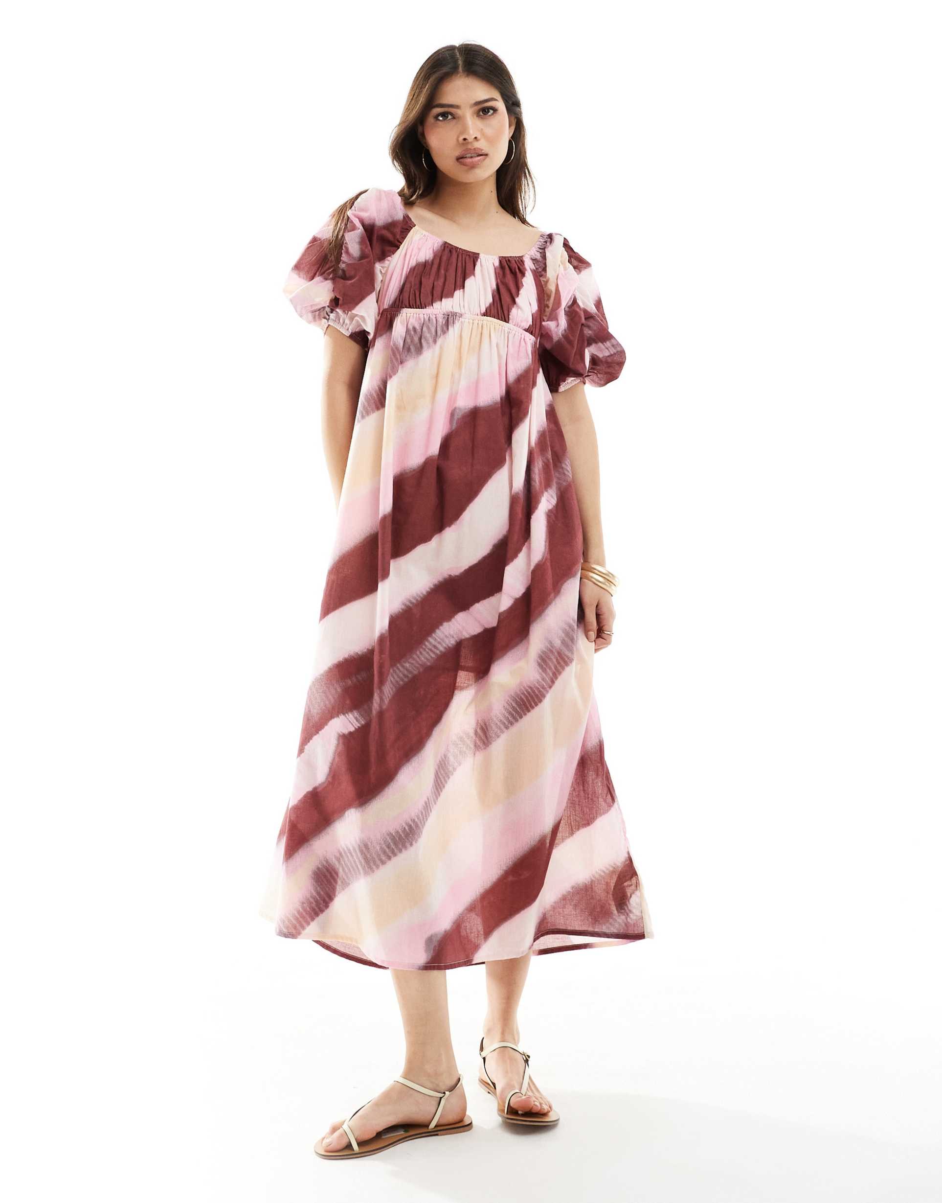 asos design voile midi smock with puff gathered sleeves in tie dye print