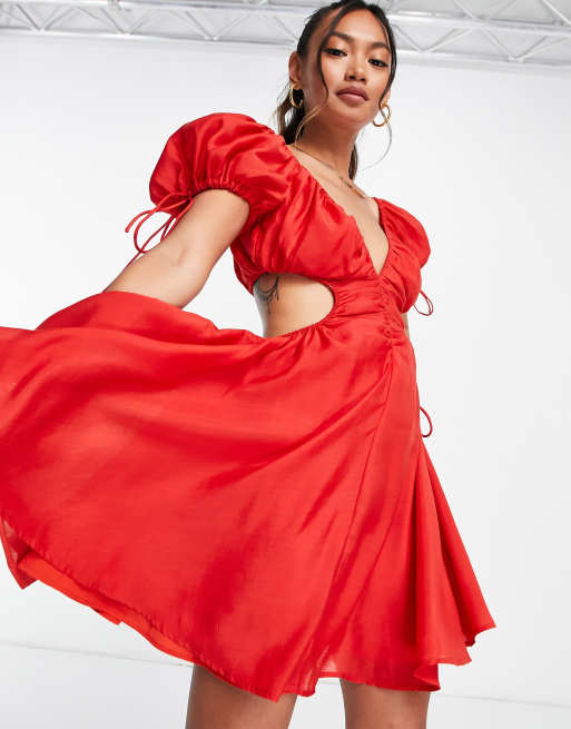 ASOS DESIGN voile mini dress with ruched side detail in red